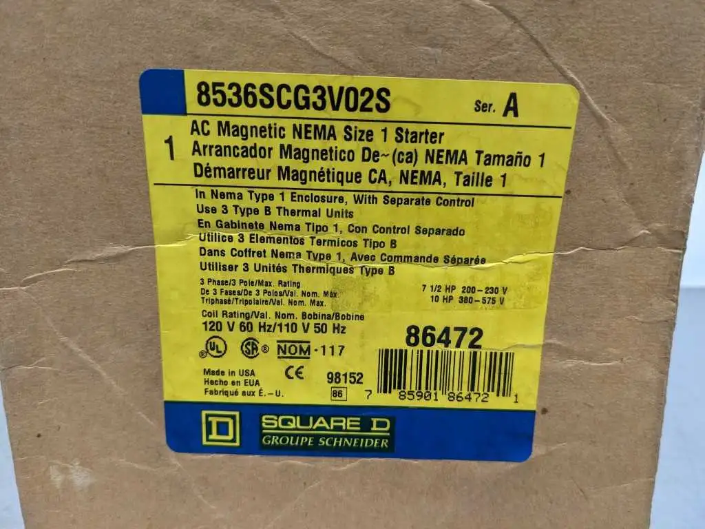 Square D 8536SCG3V02S AC Magnetic NEMA Size 1 Starter 110 120 V 50/60 Hz