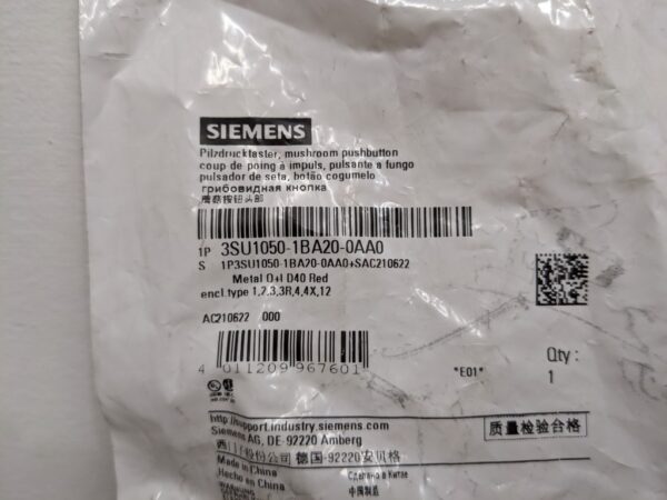 3SU1050-1BA20-0AA0, Siemens, Red Mushroom Pushbutton