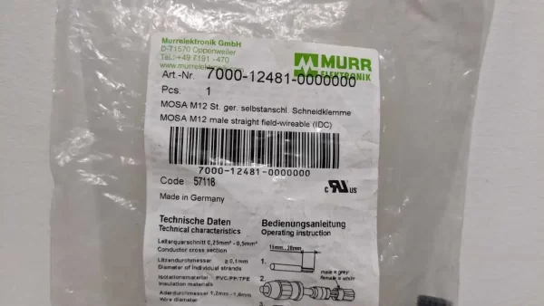 7000-12481-0000000, Murr Elektronik, MOSA M12 Male Straight Field-Wireable IDC