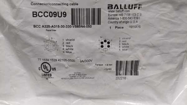 BCC A325-A315-30-330-VS85N4-050, Balluff, Double-Ended Cordsets 4243 4 Balluff BCC A325 A315 30 330 VS85N4 050 1