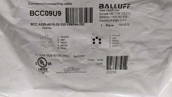 BCC A325-A315-30-330-VS85N4-050, Balluff, Double-Ended Cordsets