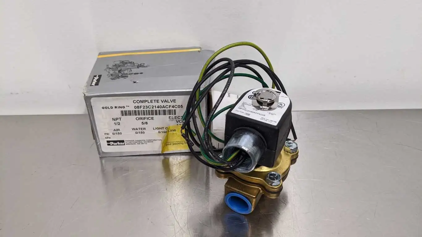 Parker 08F23C2140ACF4C05 Solenoid Valve 1/2″ NPT Gold Ring Air Water Light Oil 0-150 PSI