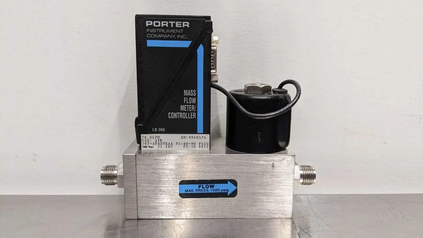 Porter LB-366 Mass Flow Meter Controller P1: 80-90PSIG P2: 30PSIG Flow: 1000PSIG Max 202-APASVEAA AIR 78 SLPM