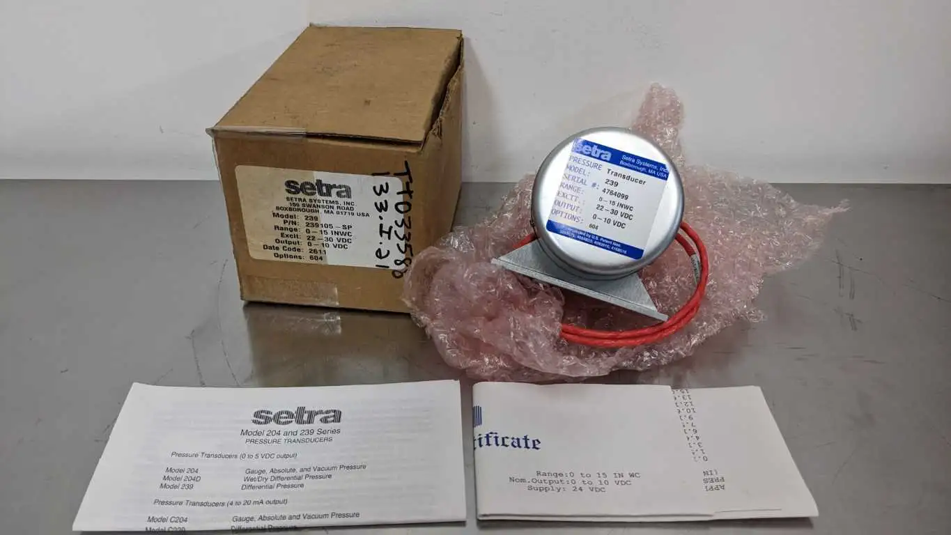 Setra 239 Pressure Transducer 0-15 IN WC 22-30VDC 0-10VDC 239105-SP Options: 604