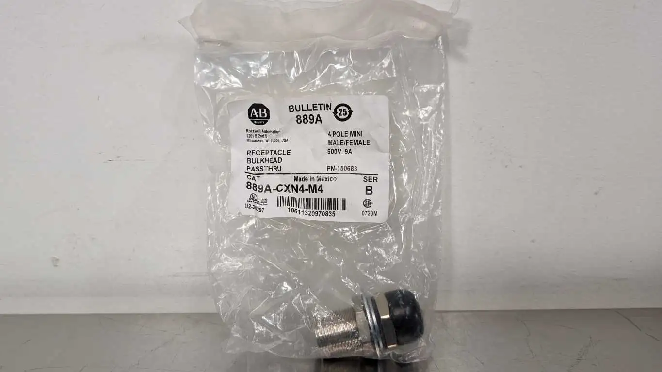 Allen-Bradley 889A-CXN4-M4 Receptacle Bulkhead Passthru PN-150683 Ser B 600V 9A 4 Pole Mini Male/Female