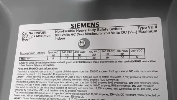 HNF361, Siemens, Non-Fusible Heavy Duty Safety Switch