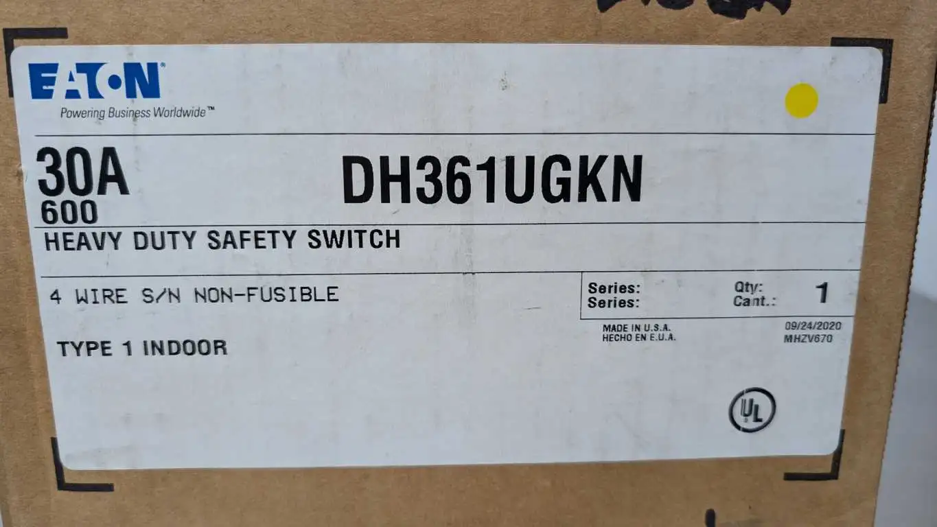 Eaton DH361UGKN Heavy Duty Safety Switch 30A 600VAC 250VDC 1 Indoor 4 Wire Non-Fusible