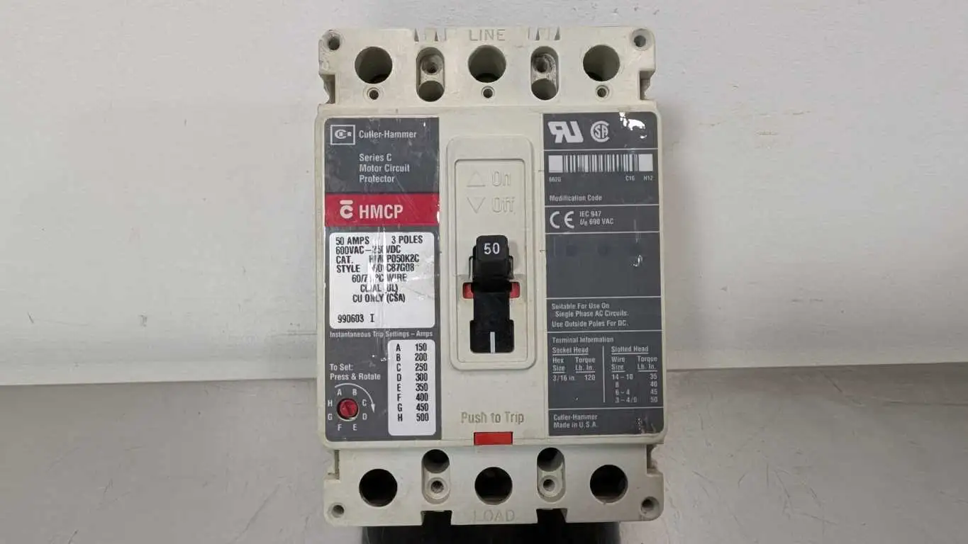 Cutler-Hammer HMCP050K2C Motor Circuit Breaker Ser C 50A Eaton 3 Pole 600VAC 250VDC