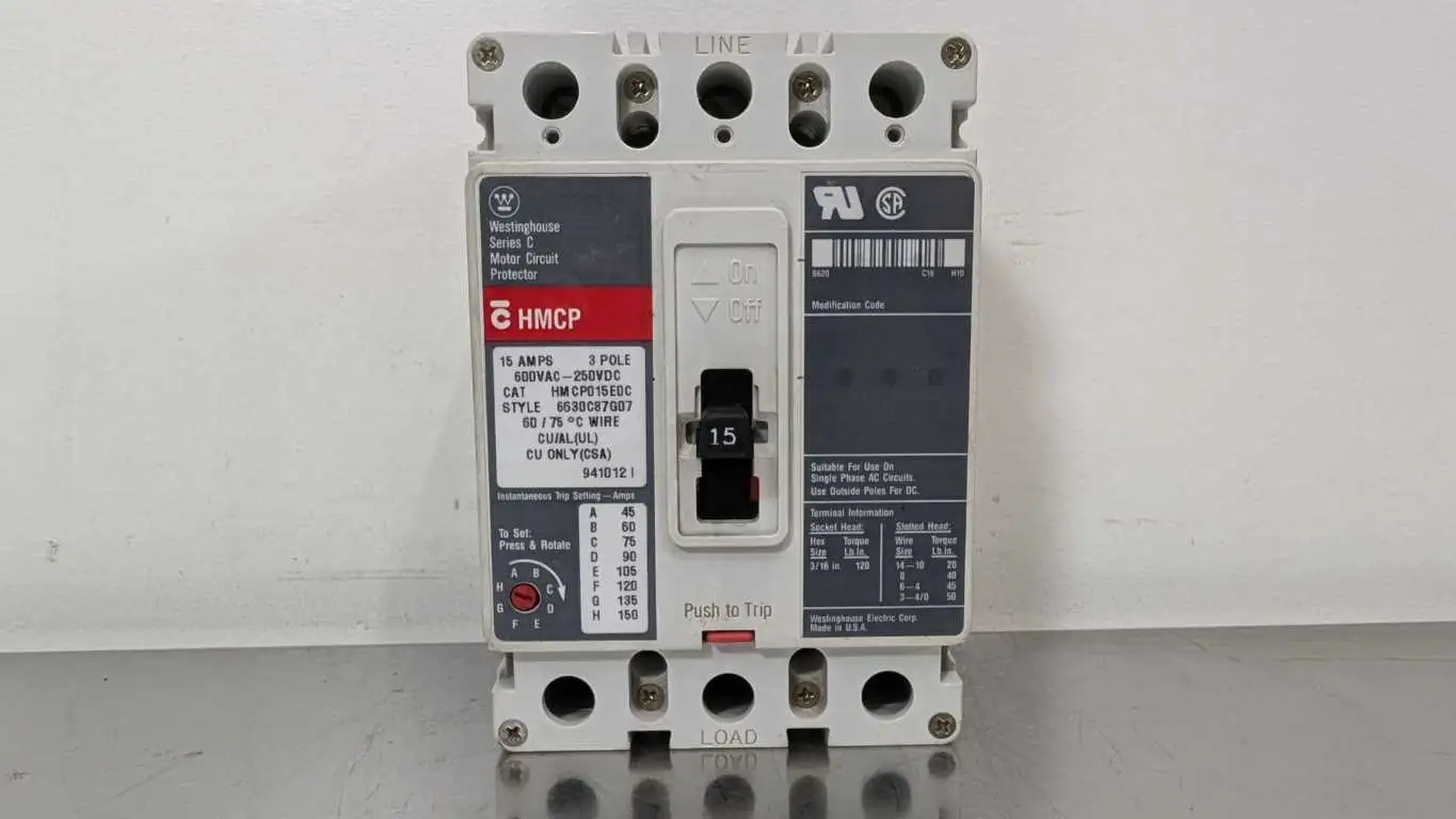 Westinghouse HMCP015E0C Motor Circuit Breaker Ser C 15A Eaton 3 Pole 600VAC 250VDC