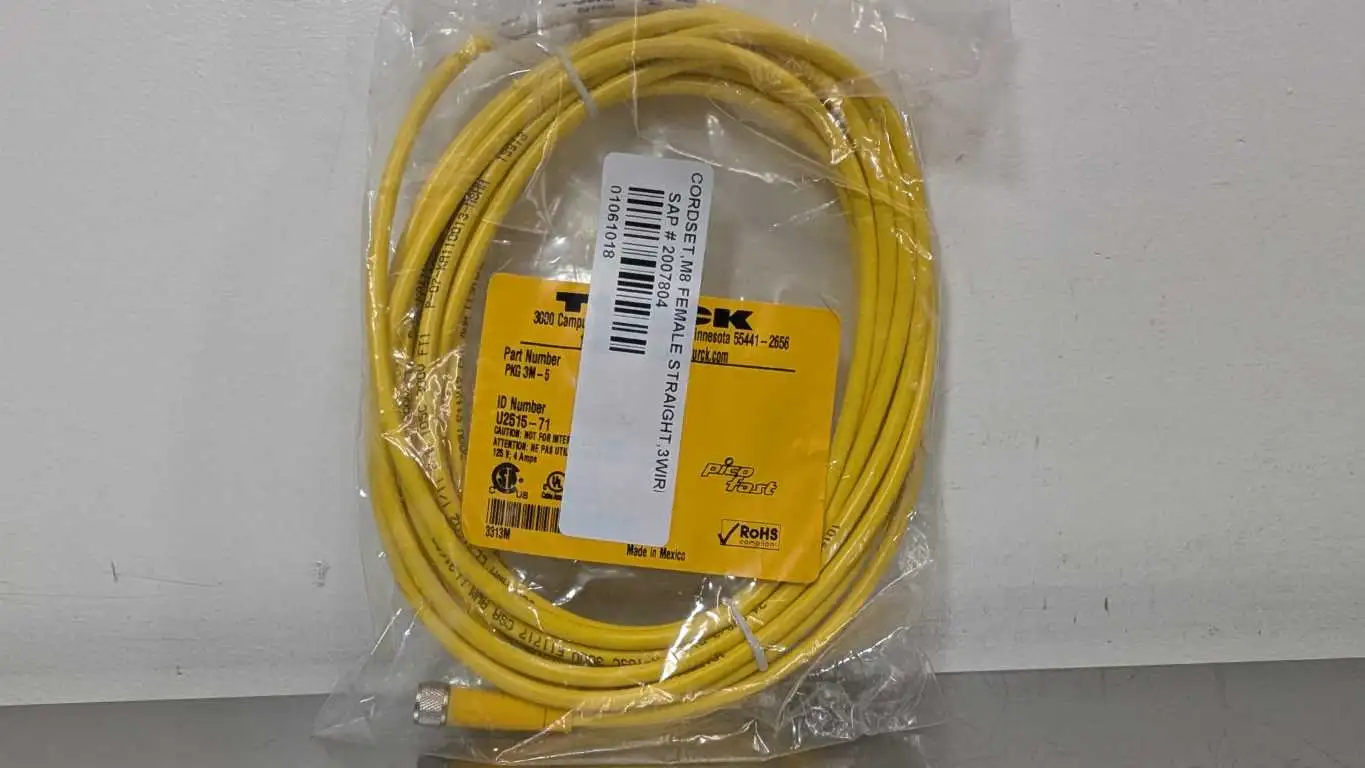 Turck PKG 3M-5 Cordset U02515-71 5m M8 Yellow 3 Pin Female 3 Wire 24AWG