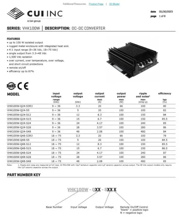 VHK100W-Q24-S24, CUI Inc, DC-DC Converter