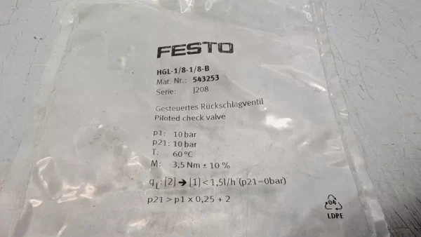 HGL-1/8-1/8-B, Festo, Piloted Non Return Check Valve, 543253