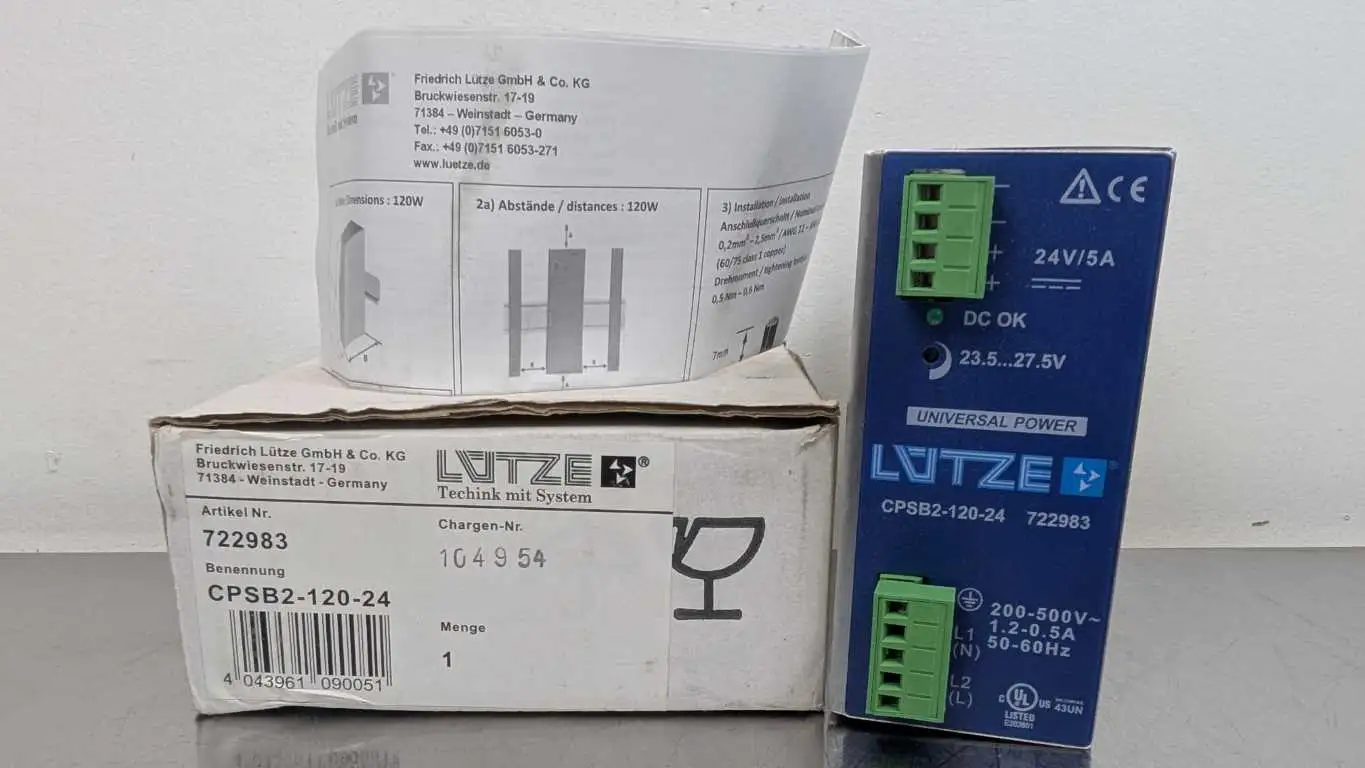 Lutze CPSB2-120-24 Power Supply 722983 200-500VAC 1.2-0.5A to 24VDC 5A